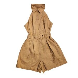 Cupshe NEW Beige Halter Neck Belted Wide Leg Romper Sleeveless Button Up Tan